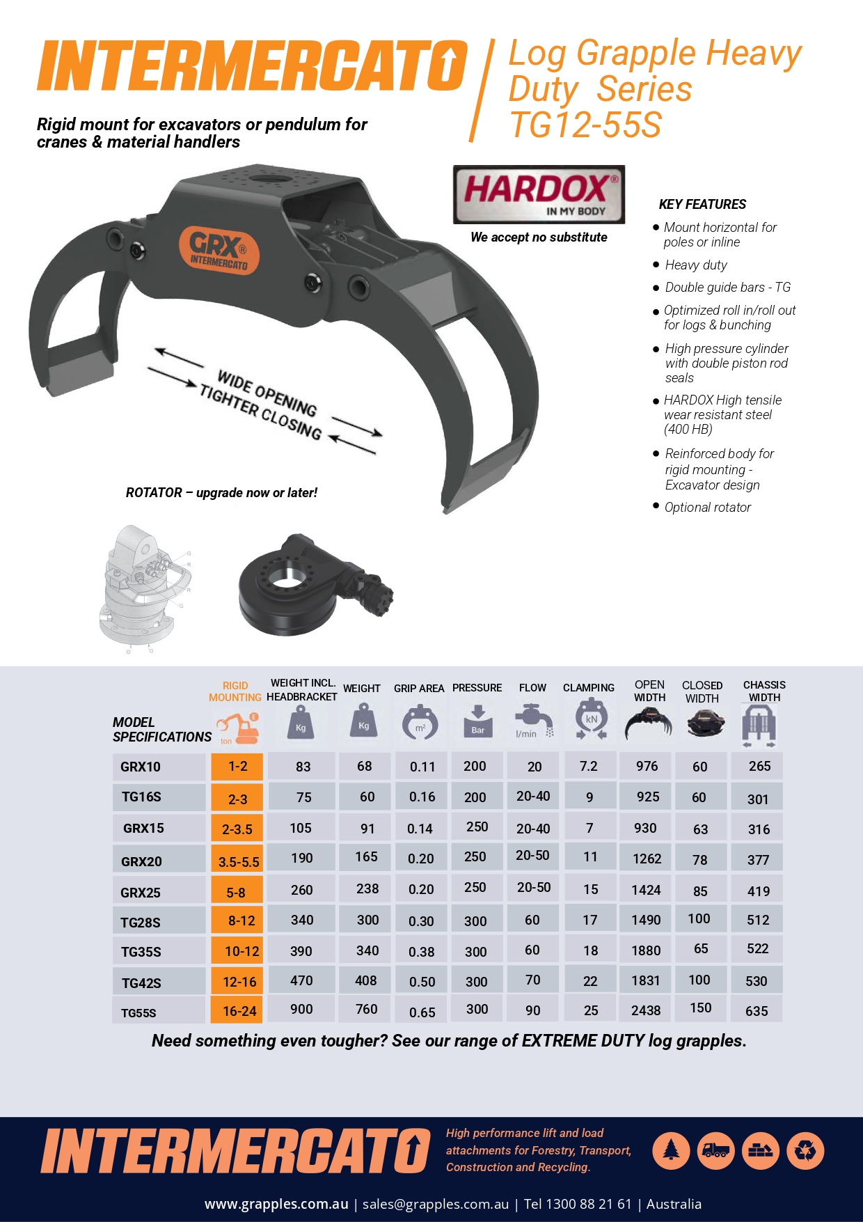 log grapples heavy duty for excavators specification sheet